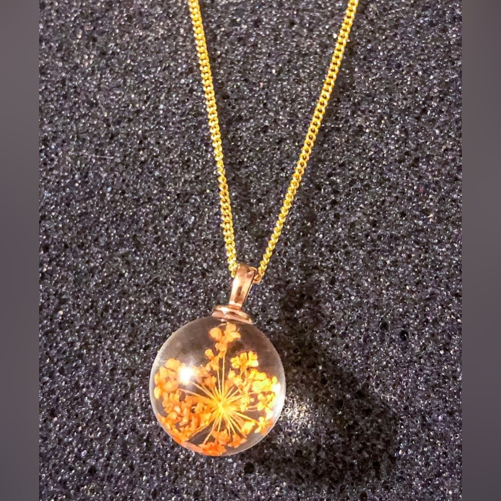Pressed Orange Flower Glass Pendant Necklace